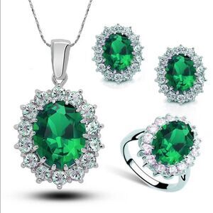 🟢Emerald Green Gemstones Sterling Silver Plated Crystal Rhinestones Jewelry Set